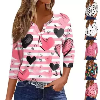 Женская модная повседневная футболка с v-образным вырезом и семью рукавами, топ на пуговицах с градиентным принтом M красный