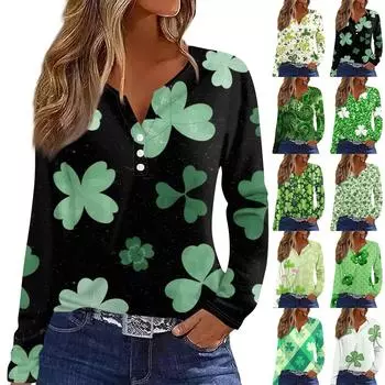 Женская модная повседневная футболка с V-образным вырезом и длинным рукавом на пуговицах L армия зеленый