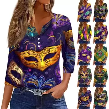 Женская модная повседневная футболка с V-образным вырезом и рукавом семь четвертей, топ с карнавальным принтом и пуговицами L армия зеленый