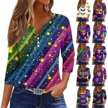 Женская модная повседневная футболка с V-образным вырезом и рукавом семь четвертей, топ с карнавальным принтом и пуговицами L синий