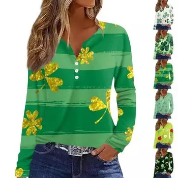 Женская модная повседневная футболка с V-образным вырезом и длинным рукавом на пуговицах L армия зеленый