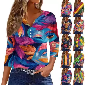 Женская модная повседневная футболка с V-образным вырезом и рукавом семь четвертей, топ с карнавальным принтом и пуговицами L армия зеленый