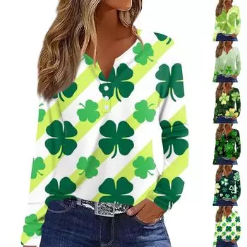 Женская модная повседневная футболка с V-образным вырезом и длинным рукавом на пуговицах L армия зеленый