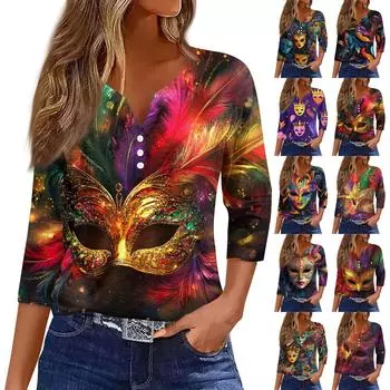 Женская модная повседневная футболка с V-образным вырезом и рукавом семь четвертей, топ с карнавальным принтом и пуговицами L синий
