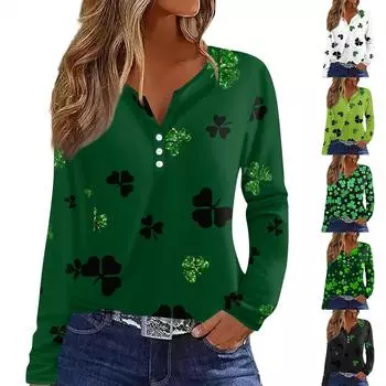 Женская модная повседневная футболка с v-образным вырезом и длинным рукавом с принтом, топ на пуговицах L армия зеленый