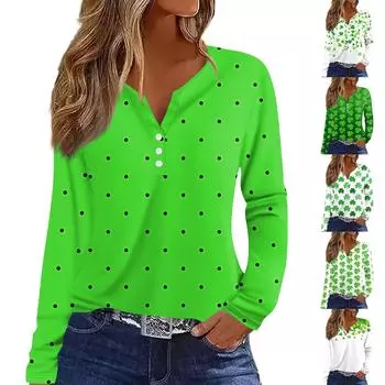 Женская модная повседневная футболка с v-образным вырезом и длинным рукавом с принтом, топ на пуговицах L армия зеленый