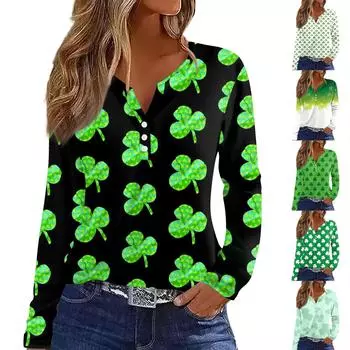 Женская модная повседневная футболка с v-образным вырезом и длинным рукавом с принтом, топ на пуговицах L армия зеленый