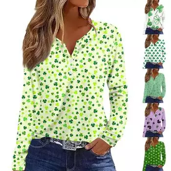 Женская модная повседневная футболка с v-образным вырезом и длинным рукавом с принтом, топ на пуговицах L армия зеленый