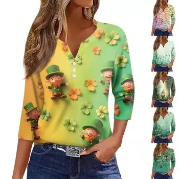 Женская модная повседневная футболка с v-образным вырезом и семью рукавами, топ на пуговицах с градиентным принтом L