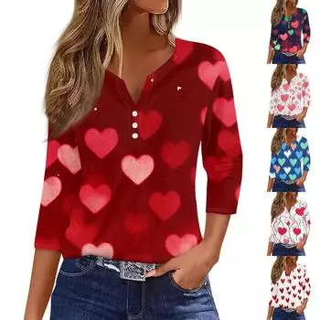 Женская модная повседневная футболка с V-образным вырезом и декоративными пуговицами на День святого Валентина с рукавом три четверти XXXL розовый