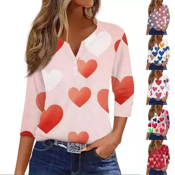 Женская модная повседневная футболка с V-образным вырезом и декоративными пуговицами на День святого Валентина с рукавом три четверти S розовый