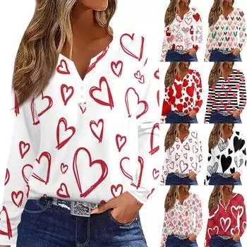 Женская модная повседневная футболка с V-образным вырезом и длинным рукавом на пуговицах с принтом ко Дню святого Валентина L