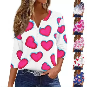 Женская модная повседневная футболка с V-образным вырезом и декоративными пуговицами на День святого Валентина с рукавом три четверти S синий