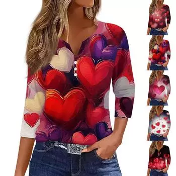 Женская модная повседневная футболка с V-образным вырезом и декоративными пуговицами на День святого Валентина с рукавом три четверти XL