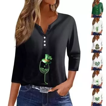 Женская модная повседневная футболка с v-образным вырезом и семью рукавами, топ на пуговицах с градиентным принтом XL чёрный