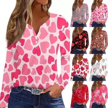 Женская модная повседневная футболка с V-образным вырезом и длинным рукавом на пуговицах с принтом ко Дню святого Валентина M