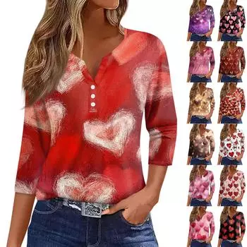 Женская модная повседневная футболка с V-образным вырезом и семью рукавами на пуговицах ко Дню святого Валентина S