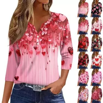 Женская модная повседневная футболка с V-образным вырезом и семью рукавами на пуговицах ко Дню святого Валентина M