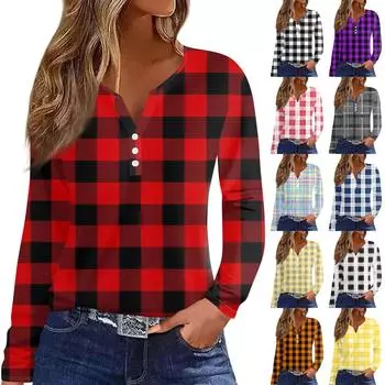 Женская модная повседневная футболка с v-образным вырезом и длинным рукавом с принтом, топ на пуговицах S фиолетовый