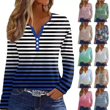 Женская модная повседневная футболка с v-образным вырезом и длинным рукавом с принтом, топ на пуговицах XXL