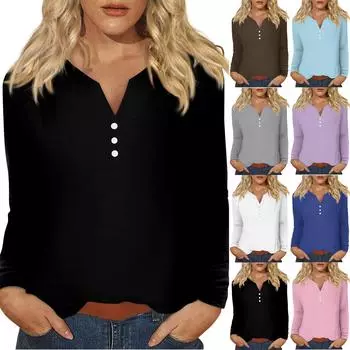 Женская модная повседневная футболка с v-образным вырезом и длинным рукавом с принтом, топ на пуговицах M