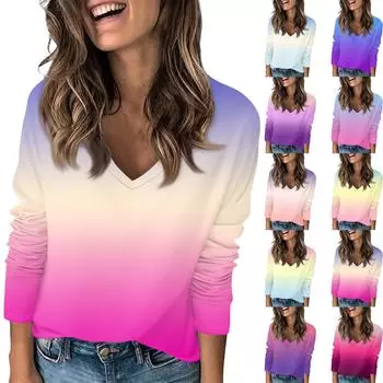 Женская модная повседневная футболка с V-образным вырезом и длинными рукавами с градиентным принтом L