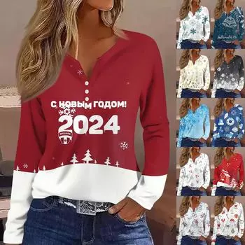 Женская модная повседневная футболка с V-образным вырезом и длинным рукавом с рождественским принтом S