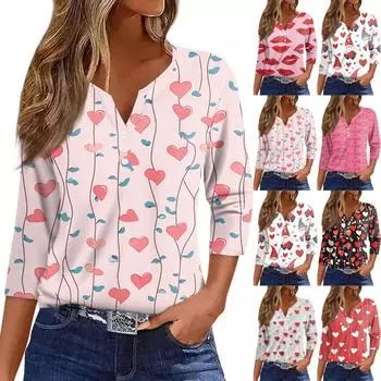 Женская модная повседневная футболка с V-образным вырезом, рукавами семь, напечатанным на пуговицах L горячий розовый