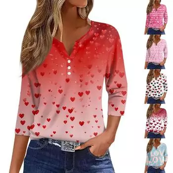 Женская модная повседневная футболка с V-образным вырезом, рукавами семь, напечатанным на пуговицах L горячий розовый