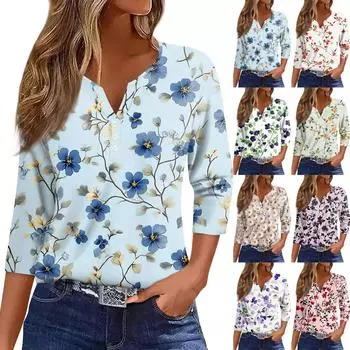 Женская модная повседневная футболка с V-образным вырезом, рукавами семь, напечатанным на пуговицах L темно-фиолетового