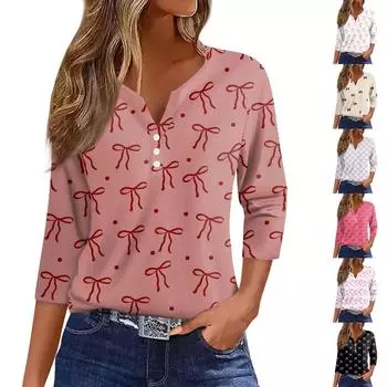 Женская модная повседневная футболка с V-образным вырезом, семью рукавами, бантом и пуговицами L чёрный