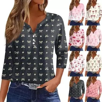 Женская модная повседневная футболка с V-образным вырезом, семью рукавами, бантом и пуговицами L бежевый