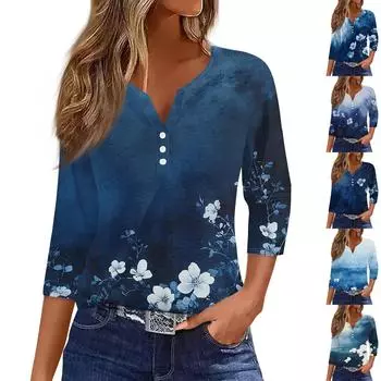 Женская модная повседневная футболка с v-образным вырезом и декоративными пуговицами, рукавом три четверти, с цветочным принтом, топ L синий