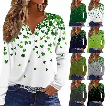 Женская модная повседневная футболка с v-образным вырезом и длинным рукавом с принтом, топ на пуговицах L армия зеленый