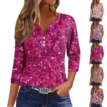 Женская модная повседневная футболка с V-образным вырезом и коротким рукавом, на пуговицах, с принтом пайеток и рукавом три четверти L горячий розовый