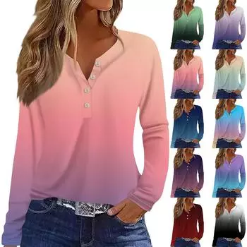 Женская модная повседневная футболка с V-образным вырезом и длинным рукавом с принтом в стиле градиента и пуговицами L чёрный