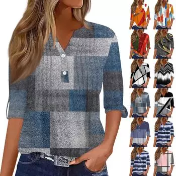 Женская модная повседневная футболка с v-образным вырезом и длинным рукавом с принтом, топ на пуговицах XXL