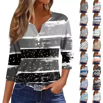 Женская модная повседневная футболка с v-образным вырезом и семью рукавами с принтом, топ S серый