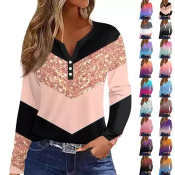 Женская модная повседневная футболка с v-образным вырезом и длинным рукавом с декоративными пуговицами, топ L циан