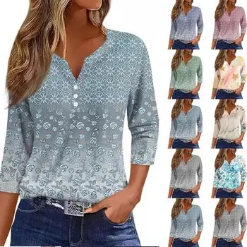 Женская модная повседневная футболка с v-образным вырезом и семью рукавами с принтом, топ L