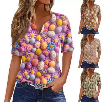 Женская модная повседневная футболка с v-образным вырезом и короткими рукавами с пасхальным принтом и декоративными пуговицами, топ XXL розовый