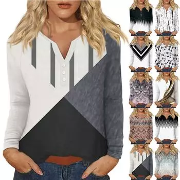 Женская модная повседневная футболка с v-образным вырезом и длинным рукавом с принтом, топ на пуговицах L чёрный