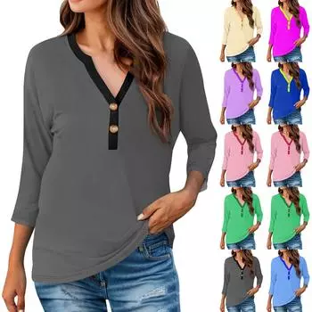 Женская модная повседневная футболка с v-образным вырезом и пуговицами с рукавами 3/4 и принтом L синий