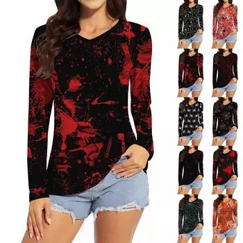 Женская модная повседневная футболка с v-образным вырезом и длинным рукавом с принтом на Хэллоуин, топ XXXL оранжевый