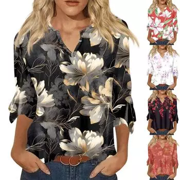 Женская модная повседневная футболка с v-образным вырезом и рукавом три четверти с цветочным принтом, топ L чёрный