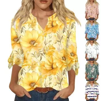 Женская модная повседневная футболка с v-образным вырезом и рукавом три четверти с цветочным принтом, топ XXL зелёный