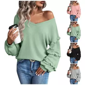 Женская модная повседневная футболка с V-образным вырезом и длинными рукавами, однотонная футболка с оборками S чёрный