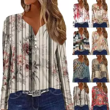 Женская модная повседневная футболка с v-образным вырезом в стиле ретро и длинными рукавами, декоративная пуговица, топ M хаки