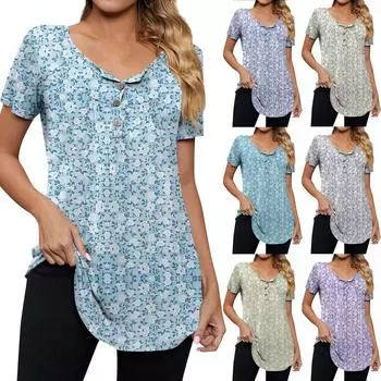 Женская модная повседневная футболка с v-образным вырезом и цветочным принтом на пуговицах и коротким рукавом, топ L бежевый