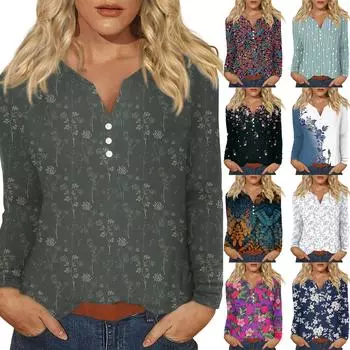 Женская модная повседневная футболка с v-образным вырезом и длинным рукавом с принтом, топ на пуговицах L чёрный